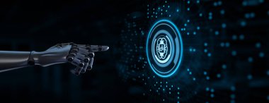 Yapay zeka makinesi sinirsel ağı öğreniyor siber beyin modern teknoloji kavramı. Robotik el 3D görüntüleme düğmesine bas