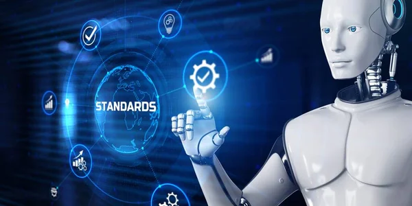 Standardisierung der Qualitätskontrolle. Roboter drückt Taste auf dem Bildschirm 3D-Renderer — Stockfoto