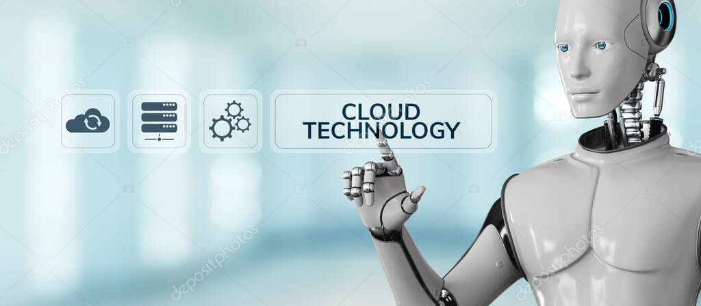 Cloud technology computing concept. Robot pressing button on screen 3d render