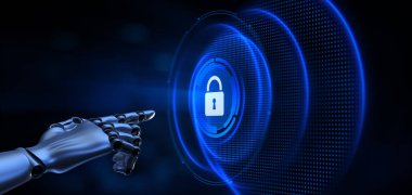 Siber Güvenlik Veri Koruma Bilgi Gizliliği kavramı. Robot el 3D görüntüleme düğmesine bas