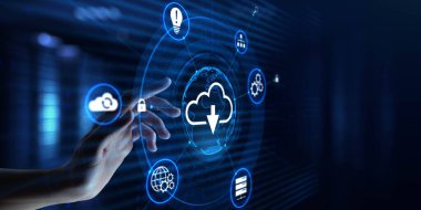 Yazılım uygulaması internet teknolojisi konseptini indir. Ekrandaki insan eli düğmesine bas