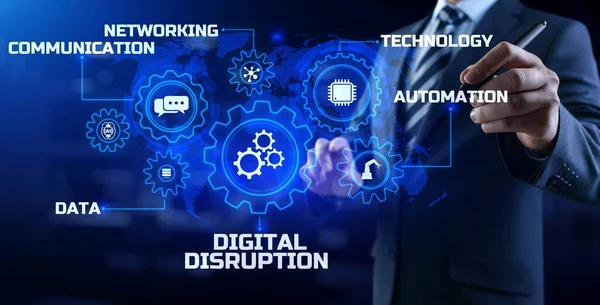 Digital disruption industry transformation technology revolution concept. Businessman pressing button on screen