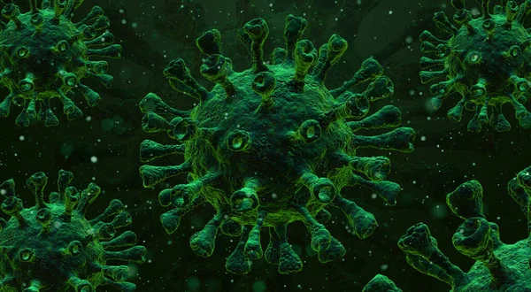 Coronavirus covid-19 under mikroskopet. Vetenskaplig epidemisk infektion koncept. 3D-återgiven illustration — Stockfoto
