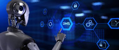 DMS Belge Yönetim Sistemi iş süreci otomasyon RPA kavramı. Ekran 3 boyutlu görüntülemedeki robot düğmesine bas