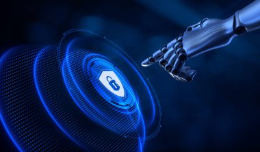 Siber güvenlik bilgi gizlilik veri koruması. Robotik el 3D görüntüleme düğmesine bas