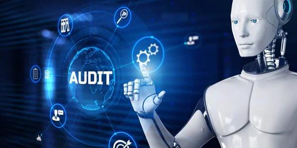 Audit Automatisation robotique des processus RPA concept. Robot appuyant sur le bouton sur l'écran rendu 3d — Photo