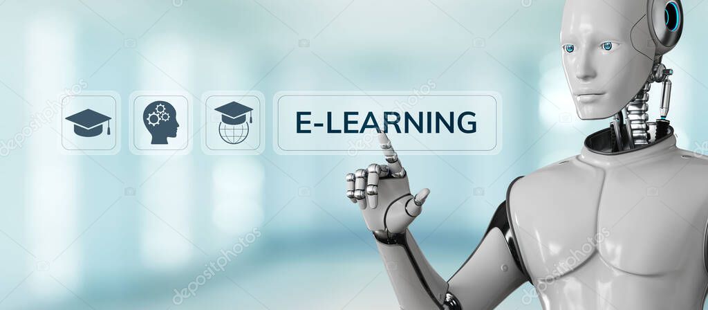 E-learning EdTech education technology concept. Robot pressing button on screen 3d render