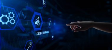 Performans Üretkenliği KPI İş Geliştirme Konsepti. Sanal ekrandaki el düğmesine bas