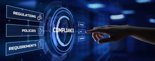 Compliance Regulations Standards Policies.Hand premendo il pulsante sullo schermo virtuale — Foto Stock