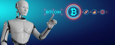 Bitcoin şifreli para birimi BTC ticareti. Ekran 3 boyutlu görüntülemedeki robot düğmesine bas