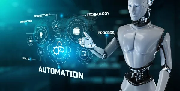 Proceso de trabajo robótico del negocio Automatización RPA. Robot pulsar botón en la pantalla de renderizado 3d —  Fotos de Stock