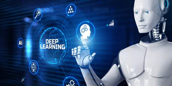 Deep learning artificial intelligence neural network. Robot pressing button on screen 3d render