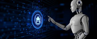 Akıllı ev otomasyon teknolojisi. Ekran 3 boyutlu görüntülemedeki robot düğmesine bas