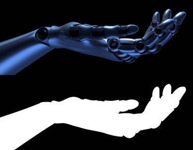 Bir robotun eli. İnternet teknolojisi kavramı. 3 Boyutlu resimleme