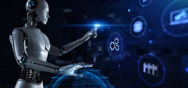 Gears İşletme Endüstriyel Akış Robot Otomasyon RPA. Ekran 3 boyutlu görüntülemedeki robot düğmesine bas