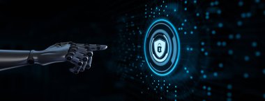 Siber güvenlik bilgi gizlilik veri koruması. Robotik el 3D görüntüleme düğmesine bas