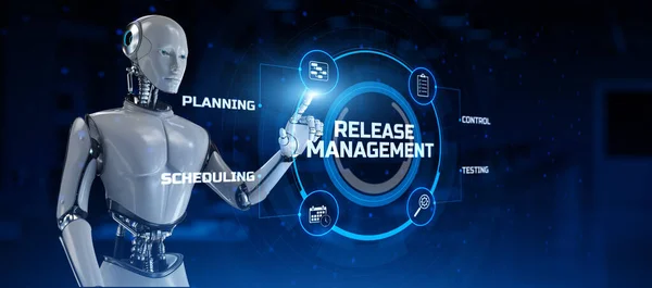 Release management agile development concept. Robot pressing button on virtual screen. 3d render