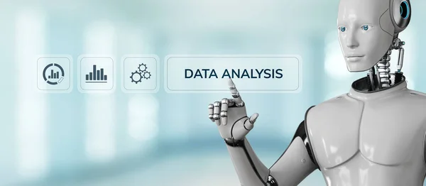 Datenanalyse Analytics Big Data Business Intelligence Technologie-Konzept. Roboter drücken Taste auf virtuellem Bildschirm. 3D-Darstellung lizenzfreie Stockbilder