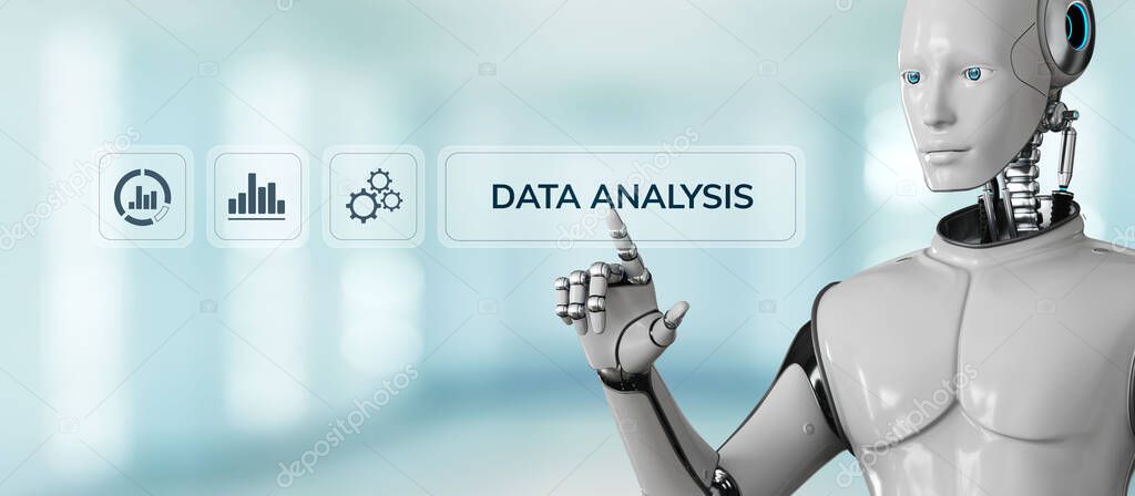 Data analysis analytics big data business intelligence technology concept. Robot pressing button on virtual screen. 3d render
