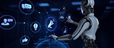 Müşteri memnuniyeti değerlendirmesi. Sanal ekranda robot tuşuna bas. 3d hazırlayıcı.