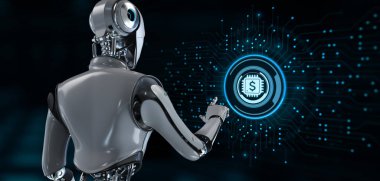 Fintech finans teknolojisi çevrimiçi ödeme dijital ekonomi kavramı. Ekran 3 boyutlu görüntülemedeki robot düğmesine bas.