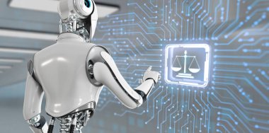 Hukuk Avukatı hukuk hukuku kavramı. Ekran 3 boyutlu görüntülemedeki robot düğmesine bas.