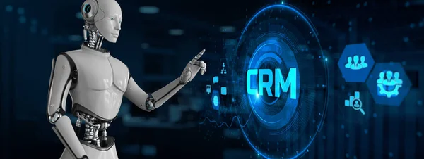 CRM Customer Relationship Management Automation RPA Konzept. Roboter drückt Taste auf dem Bildschirm 3D-Renderer. — Stockfoto