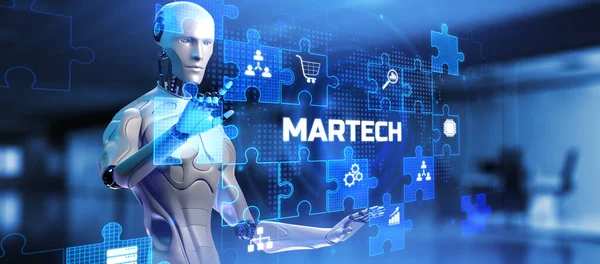 Martech Digital marketing automation technology concept. Robot pressing button on screen 3d render. — Stock Photo, Image