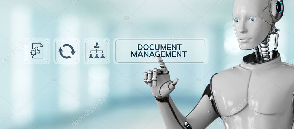 Document management system DMS Business process automation concept. Robot pressing button on virtual screen. 3d render.