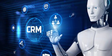 CRM müşteri ilişkileri yönetimi otomasyon RPA konsepti. Ekran 3 boyutlu görüntülemedeki robot düğmesine bas