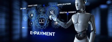 E-ödeme dijital para internet bankacılığı. Ekran 3 boyutlu görüntülemedeki robot düğmesine bas
