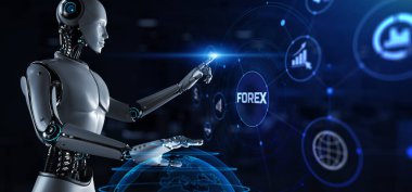 Eski robot otomasyon konsepti. Ekran 3 boyutlu görüntülemedeki robot düğmesine bas