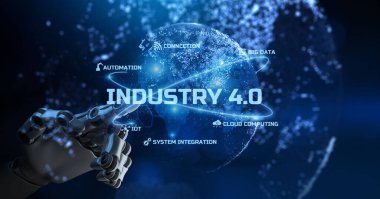 Endüstri 4.0, İnovasyon, Akıllı üretim, Otomasyon Teknolojisi konsepti. Robotik kol 3d oluşturma