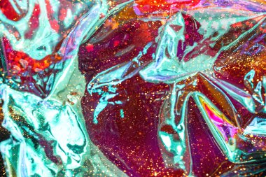 Soyut arkaplan. Kıvılcımlı kırmızı buruşuk hologram. Moda neon desenli arka plan