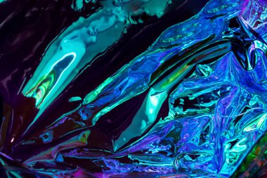 Soyut arka plan mavi parlak buruşuk, parıltılı hologram. Moda neon desenli arka plan