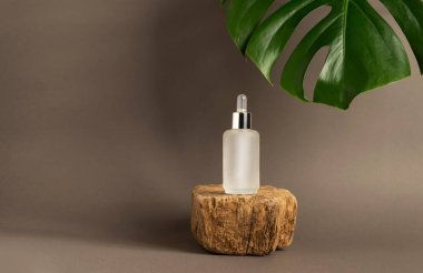 Bir şişe kozmetik ürünü yağ serumu pastel kahverengi arka plan soyut podyum