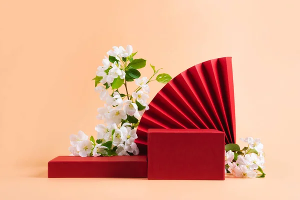 붉은 포 디즌 페이퍼 동양 부채 꽃 이 핀 꽃봉오리 분홍빛 파스텔 배경 이 있는 가지 — 스톡 사진
