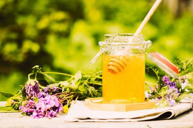 Kırsal alanda cam bir kavanozda taze bal. Çiçek kokulu tatlı tatlı tatlı, ön manzara 