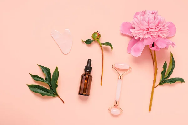 Cosmetic essential oil vials clean soft towel rose quartz roller facial massager Gua-sha stone for facial beauty massage