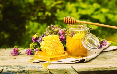 Kırsal alanda cam bir kavanozda taze bal. Çiçek kokulu tatlı tatlı tatlı, ön manzara 