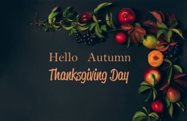 Şükran Günü hasat konsepti. Sonbahar vintage düz yerleşim yeri mevsimlik meyve elmaları düşen üzüm yaprakları 