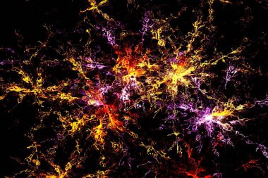 Renkli havai fişek patlamaları. Parçalı yıldız patlaması. Işık hızında. Tasarım ve dekorasyon için soyut arkaplan