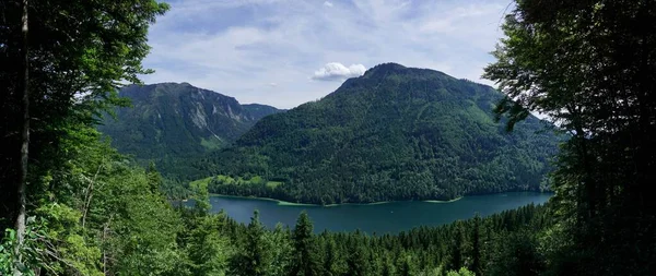 Wspaniały Widok Panoramiczny Piękne Jezioro Górach Otoczony Przez Wiele Zielonych — Zdjęcie stockowe