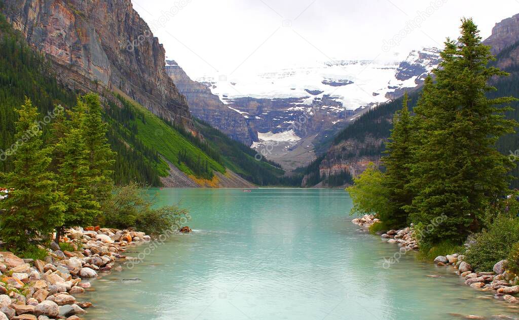 Typical Canadian Landscape: Turquoise Beautiful Lake in Rocky Mountainsin Banff National Park, Alberta, Canada. Travel and Holiday Concept