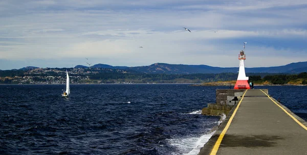 Mar Salvaje Faro Rompeolas Ogden Point Victoria Columbia Británica Canadá — Foto de Stock