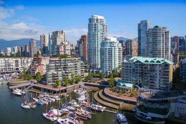 Vancouver 'ın merkezi için harika bir manzara: manzaralı harika bir şehir. Seyahat ve tatil konsepti. British Columbia, Kanada.