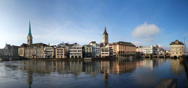 Limmat river promenade in Zurich, Switzerland.