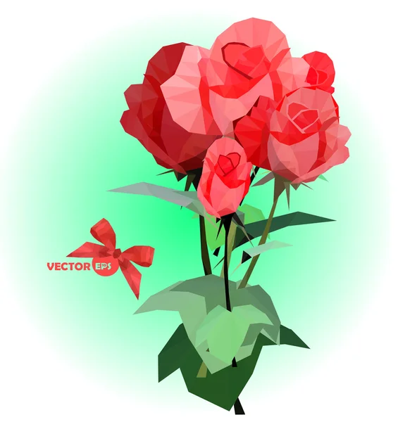 Ramo de cinco rosas rojas con tallos y hojas sobre un fondo verde borroso . — Vector de stock