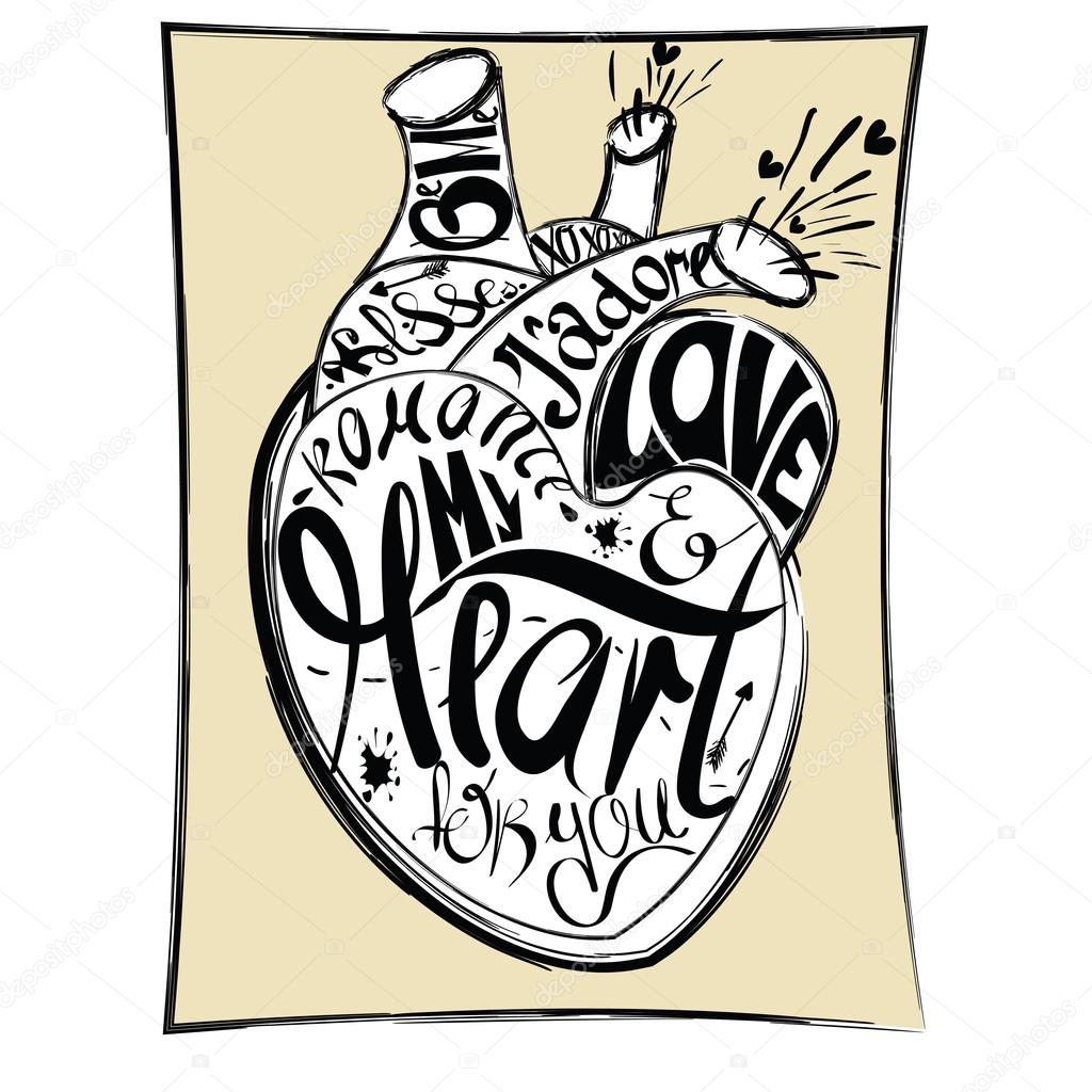 Cartoon drawing the human heart on yellow background, comics design and calligraphic text for design greeting card for Valentines day, Women day and 8 March. My heart for you with love text