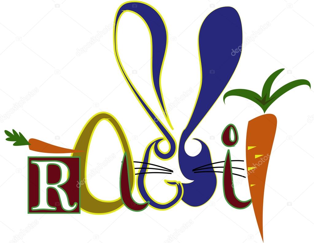 Bunny ears card with text, rabbit and carrot, letters and gold egg face